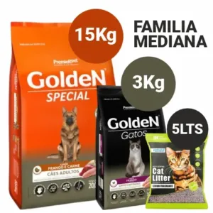 Familia Mediana - Golden Adulto Raza Mediana 15Kg + Gato Castrado 3Kg + Sanitario Aglomerante 5Lts