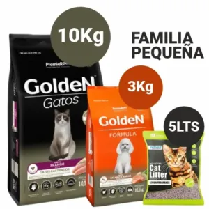 Familia Pequeña - Golden Adulto Raza Pequeña 3Kg + Gato Castrado 10Kg + Sanitario Aglomerante 5Lts
